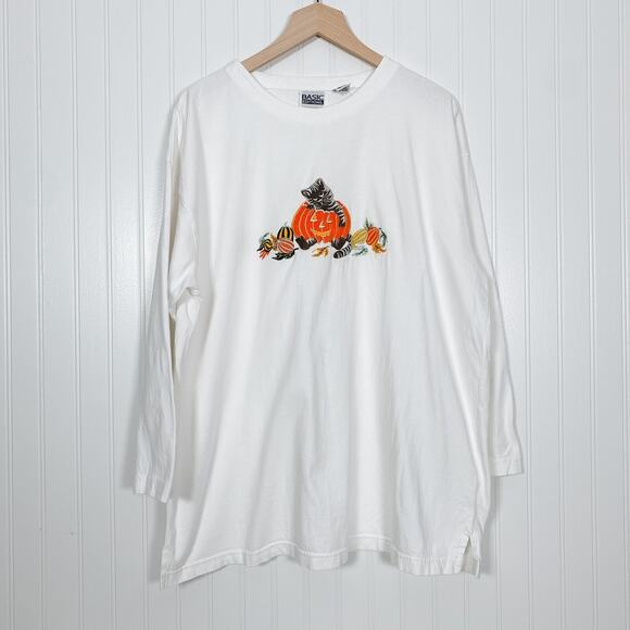Vintage Womens Halloween Top Size XL Embroidered Pumpkin Cat Fall Long Sleeve - Picture 1 of 9